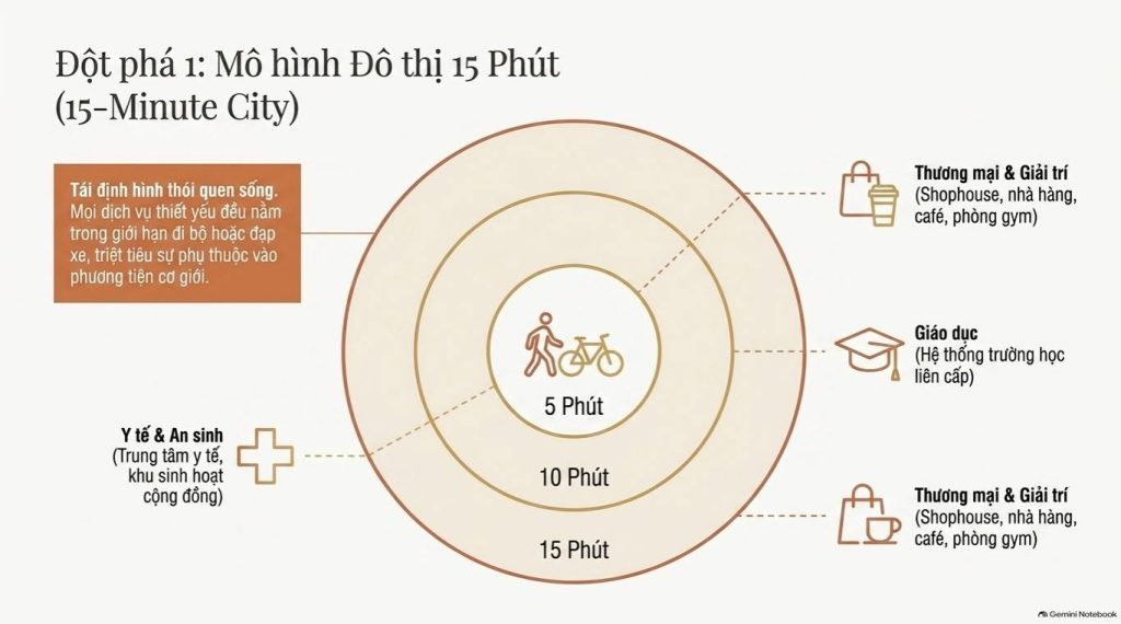 Sơ đồ đô thị 15 phút kết nối thương mại, giáo dục, y tế và tiện ích bằng đi bộ và xe đạp