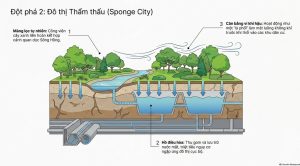 Sơ đồ nguyên lý Sponge City với công viên, hồ điều hòa và hệ thống thấm trữ nước