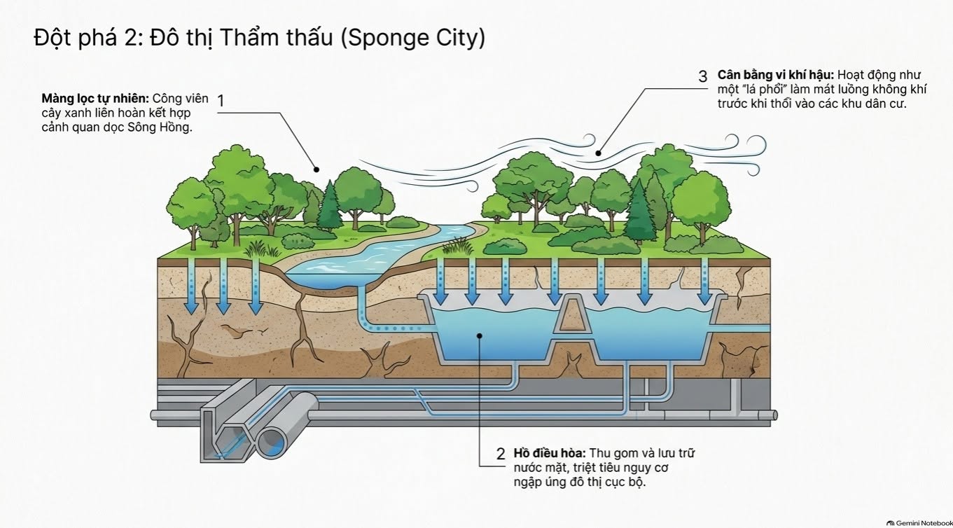 Sơ đồ nguyên lý Sponge City với công viên, hồ điều hòa và hệ thống thấm trữ nước