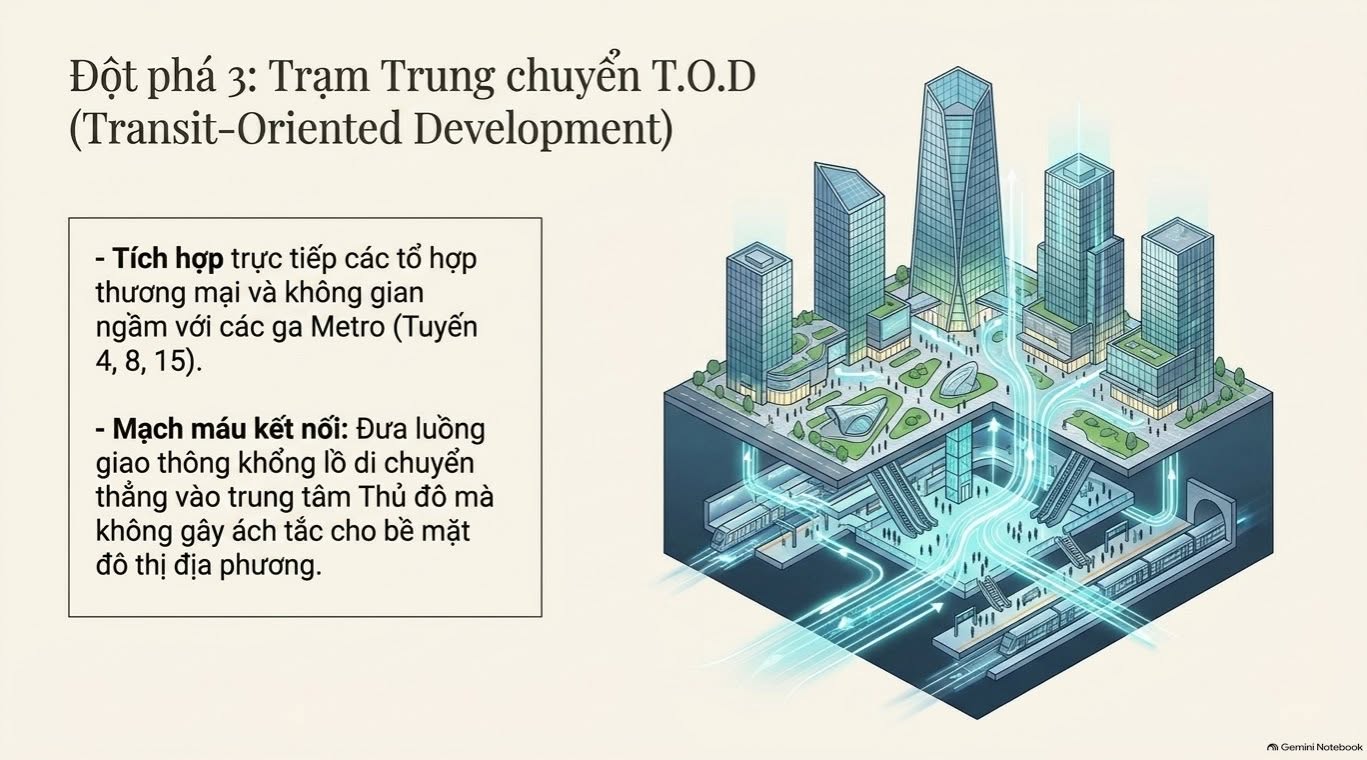Sơ đồ tổ hợp TOD kết nối metro, không gian ngầm, thương mại và quảng trường
