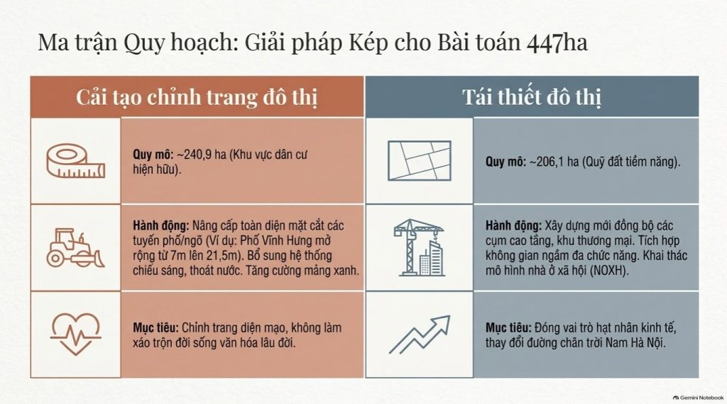 So sánh khu vực cải tạo chỉnh trang và khu vực tái thiết đô thị Vĩnh Hưng